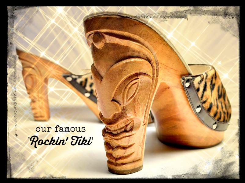 Rockin' Tiki Wood Heels | Hand-Carved Tiki Shoes | Lucky Lou Shoes