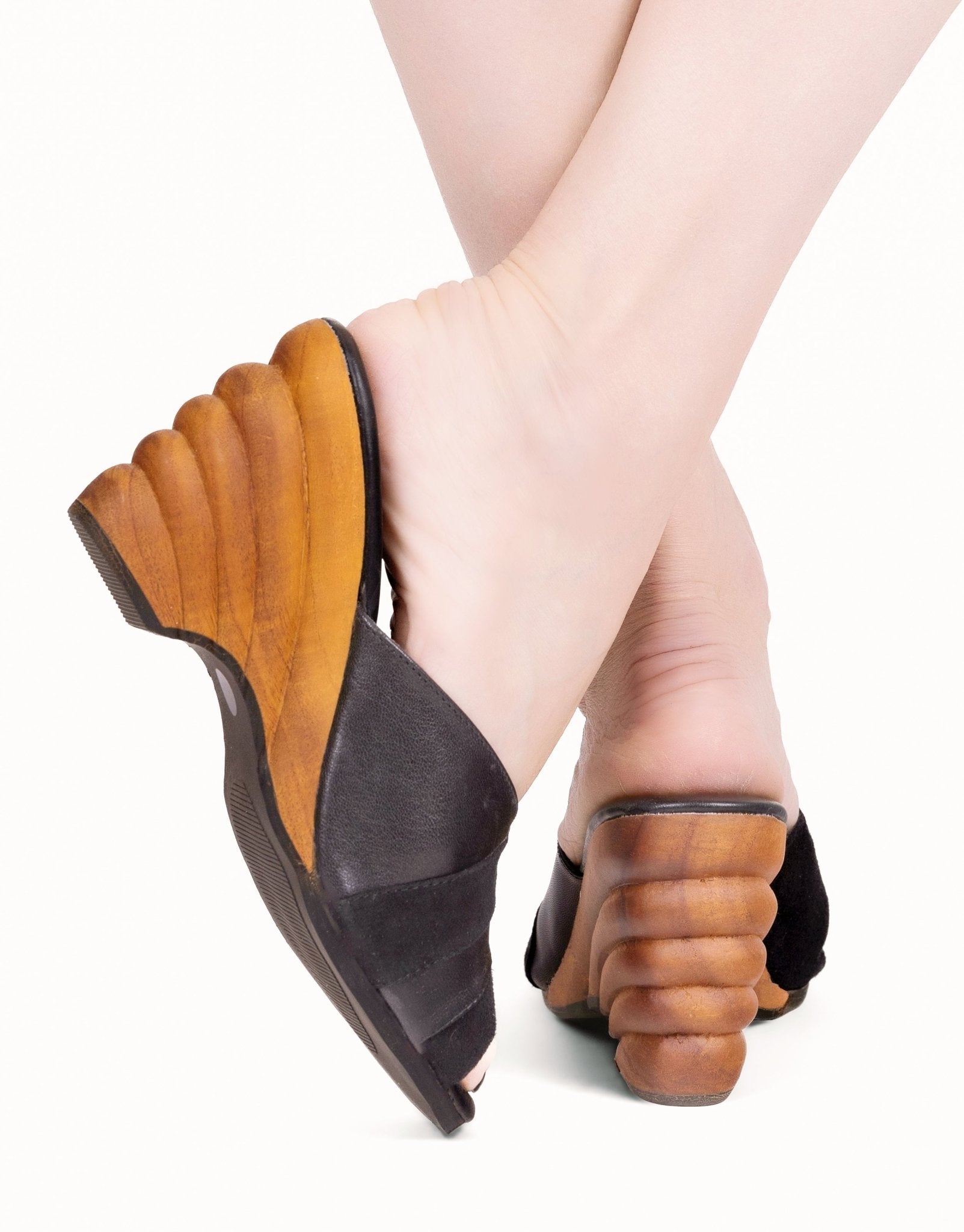 Cabana Collection - 4" hand-carved wood wedge / Midnight Swim Black - Lucky Lou Shoes