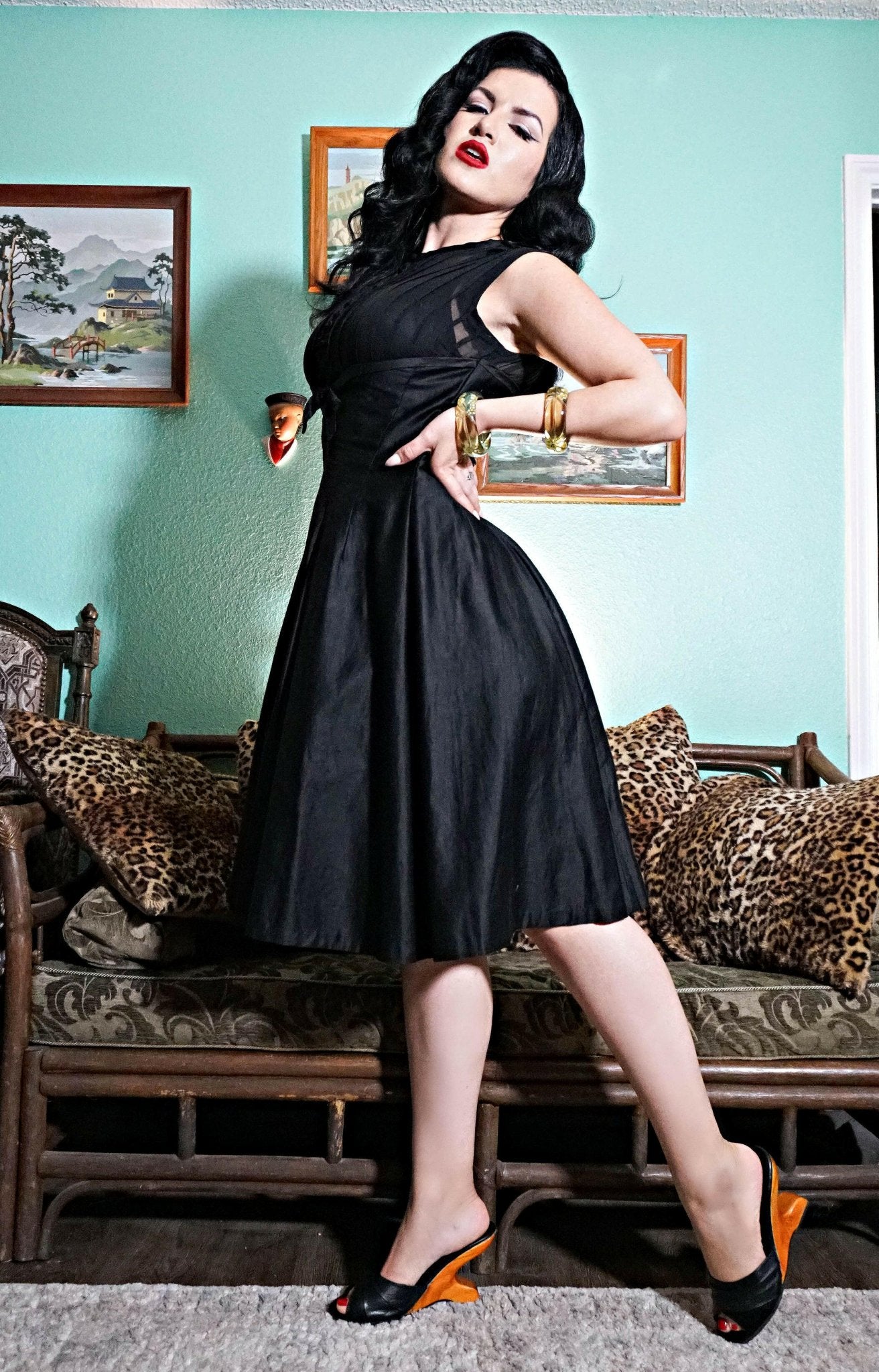 the Ilze Mule - 4" wedge heel Black Leather and Suede - Lucky Lou Shoes