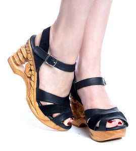 Pagoda Wedge - in Black Suede and Leather