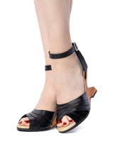 Boom Boom / 4" hand-carved wood wedge shoes / Black Suede and Leather - Lucky Lou Shoes