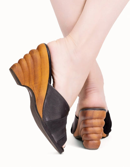 Cabana Collection - 4" hand-carved wood wedge / Midnight Swim Black - Lucky Lou Shoes