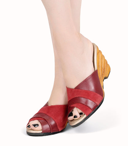 Cabana Collection - 4" hand-carved wood wedge / Sangria Burgundy - Lucky Lou Shoes