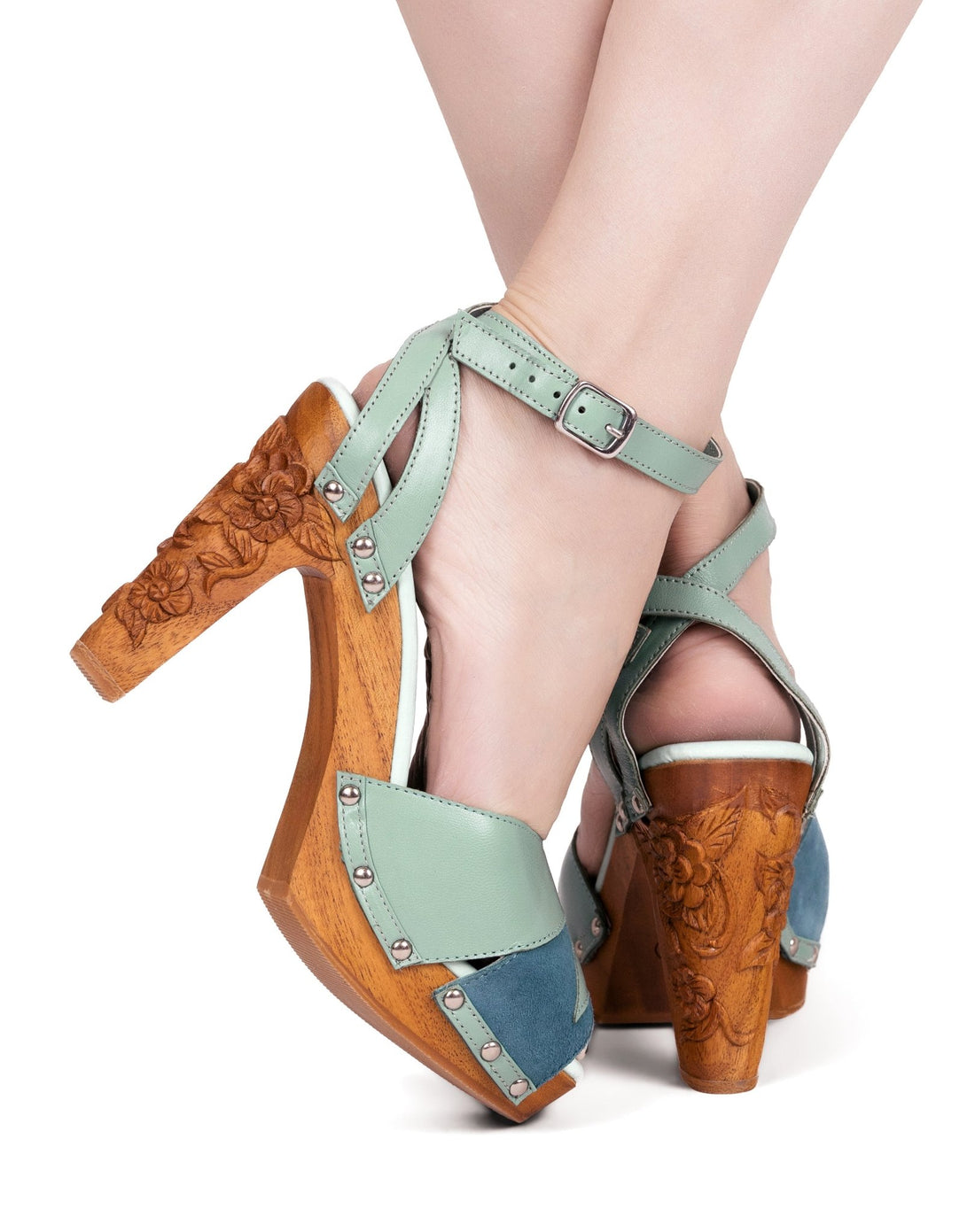 Cherry Blossom / hand-carved wood heels / Breezeway Jade - Lucky Lou Shoes