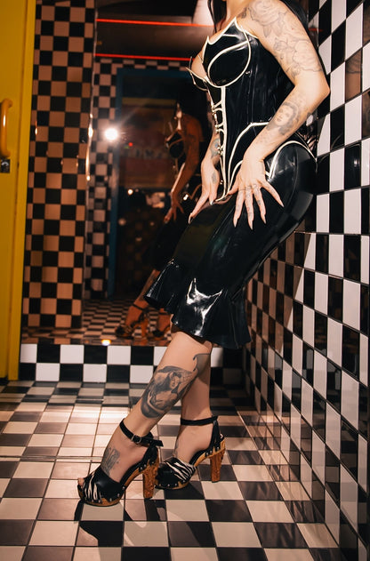 Diablo Maxi Heel / 4" hand-carved wood heels / Black Leather and Zebra - Lucky Lou Shoes