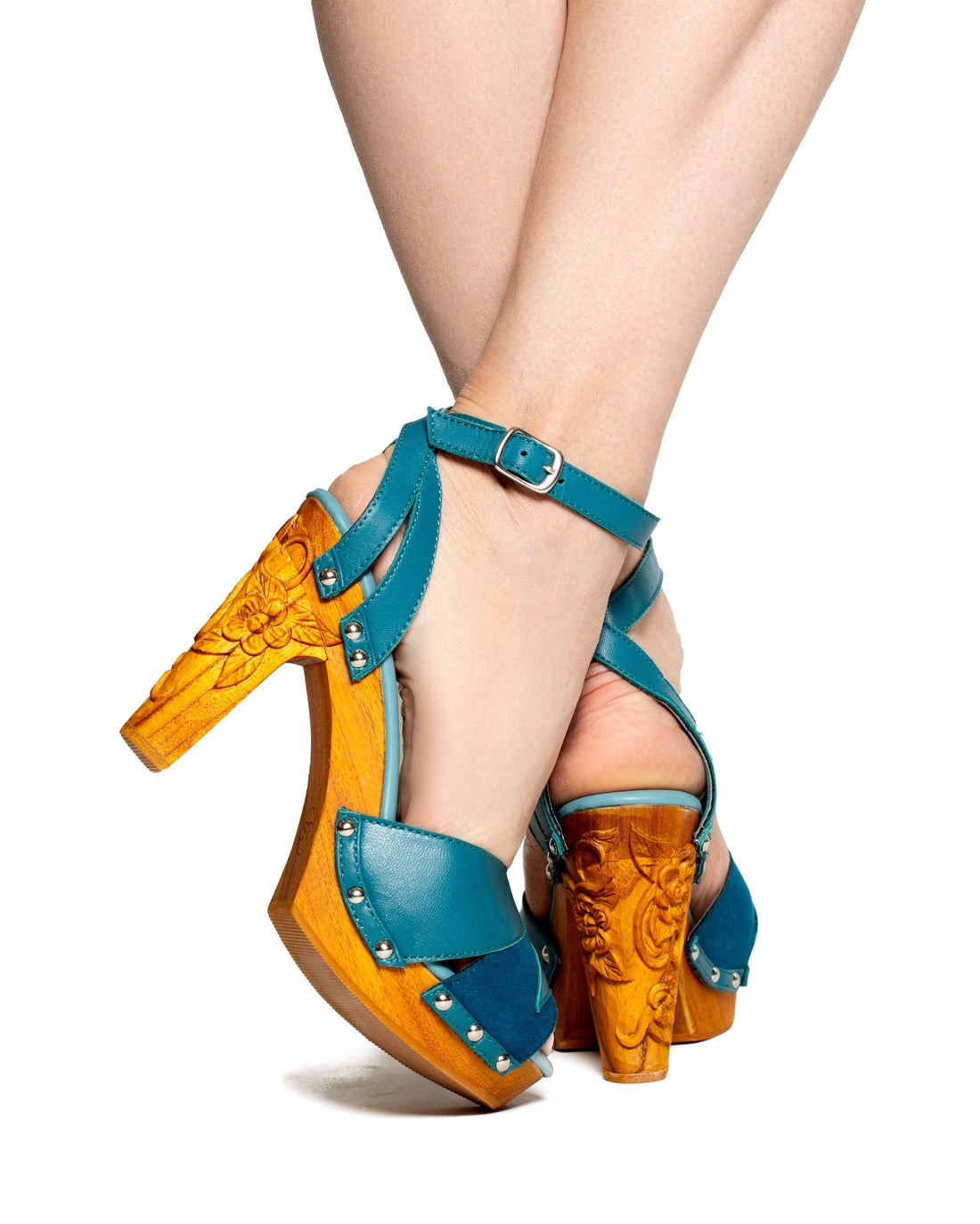 the Cherry Blossom / 4" carved wood heels / Peacock suede and leather - Lucky Lou Shoes