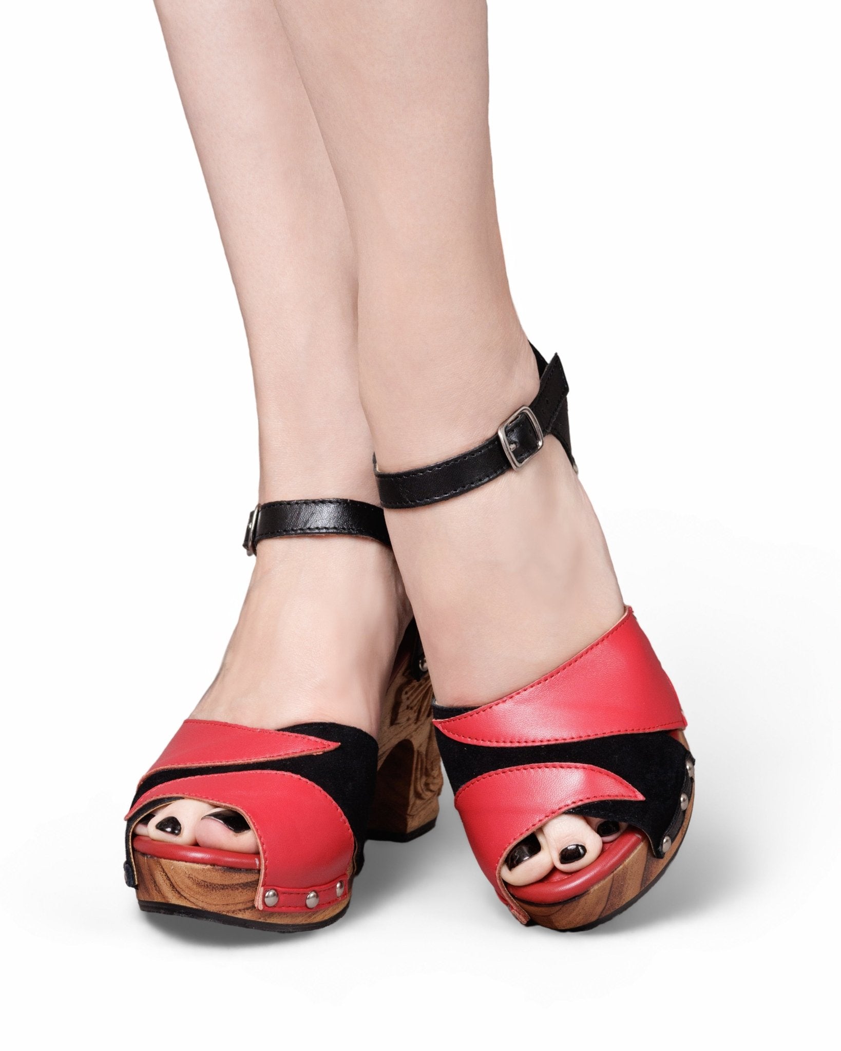 the Diablo Collection - 3" Wedge with Black Suede and Red Leather Strap - Lucky Lou Shoes
