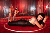 the Diablo Collection - 4" Stiletto with Black Suede and Red Leather Strap - Lucky Lou Shoes