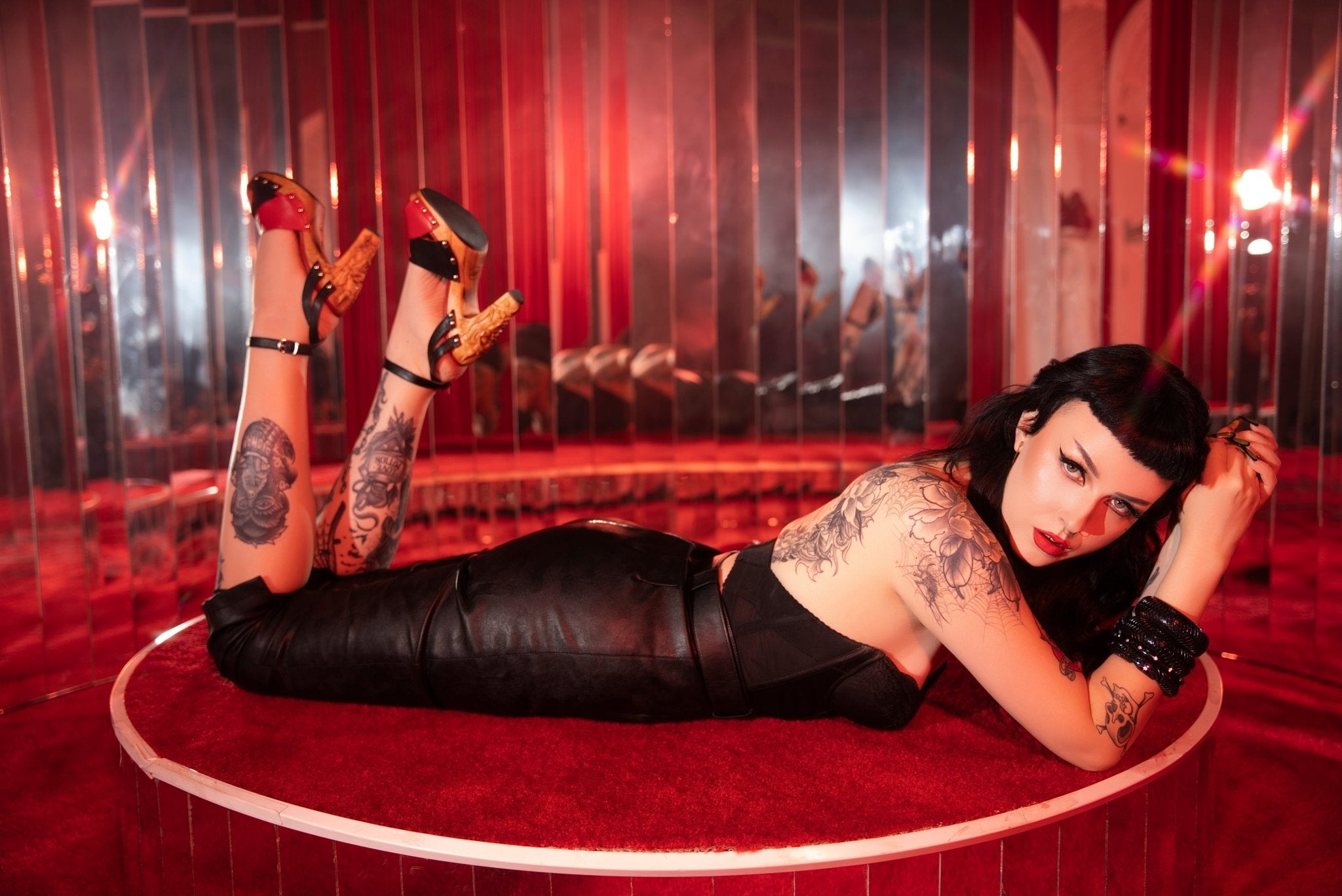 the Diablo Collection - 4" Stiletto with Black Suede and Red Leather Strap - Lucky Lou Shoes