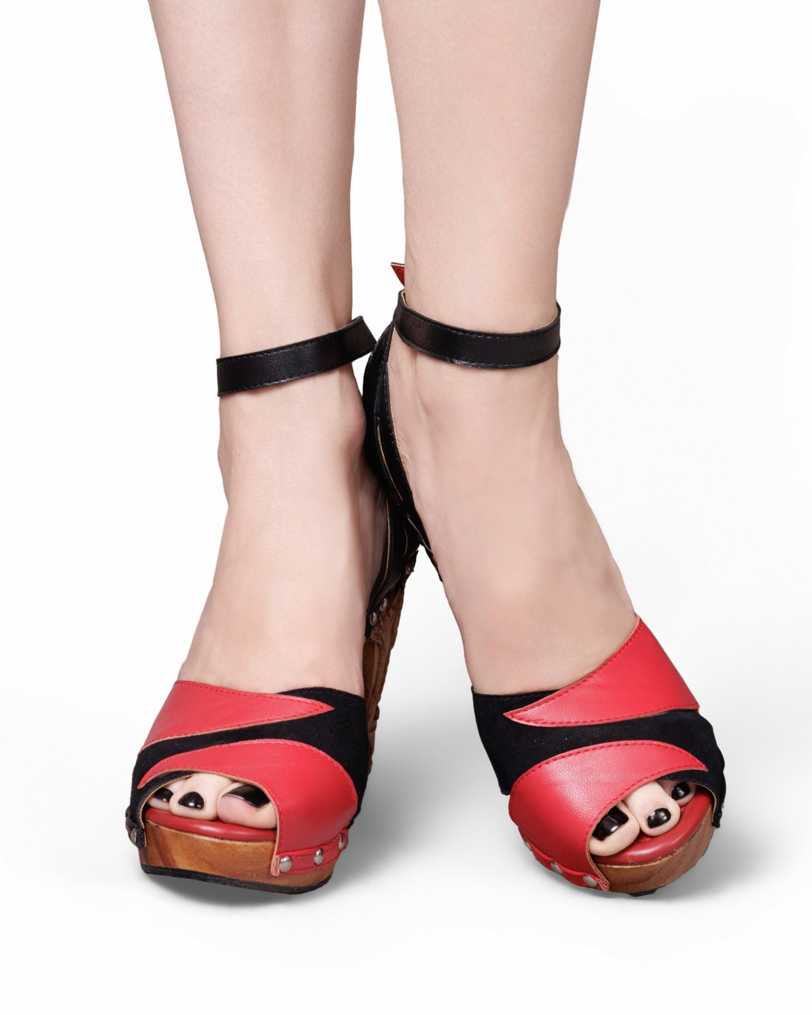 the Diablo Collection - 4" Stiletto with Black Suede and Red Leather Strap - Lucky Lou Shoes
