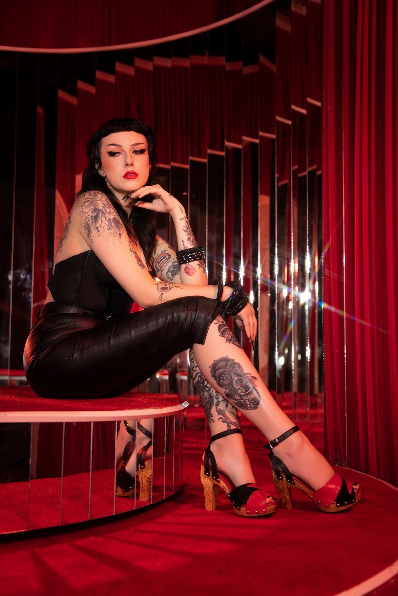 the Diablo Collection - 4" Stiletto with Black Suede and Red Leather Strap - Lucky Lou Shoes