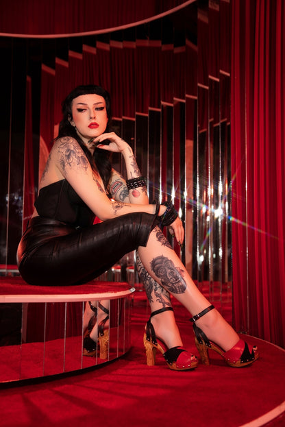 the Diablo Collection - 4" Stiletto with Black Suede and Red Leather Strap - Lucky Lou Shoes