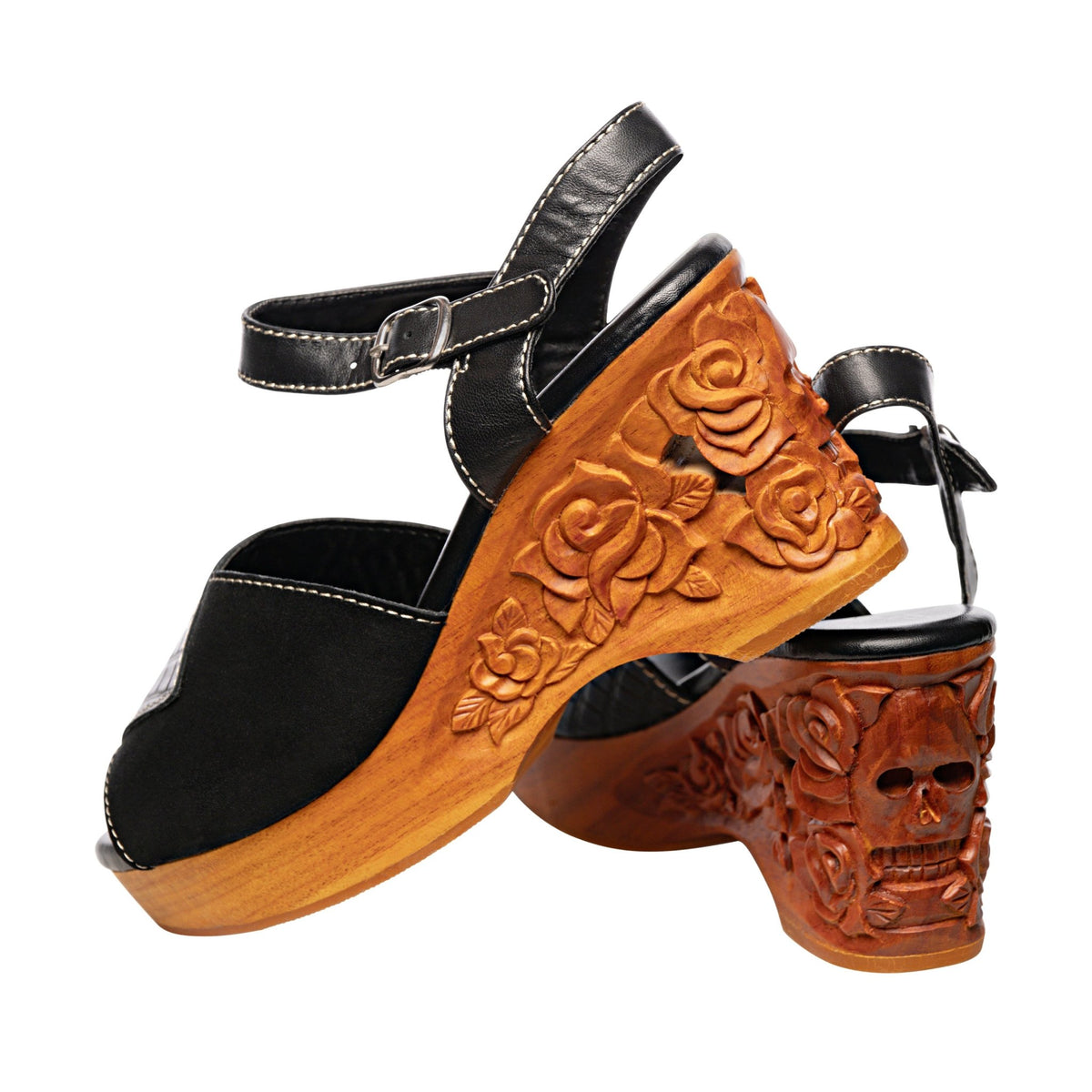 the Memento Mori - 4" hand-carved wood wedge / Black Snake and Suede - Lucky Lou Shoes