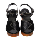 the Memento Mori - 4" hand-carved wood wedge / Black Snake and Suede - Lucky Lou Shoes