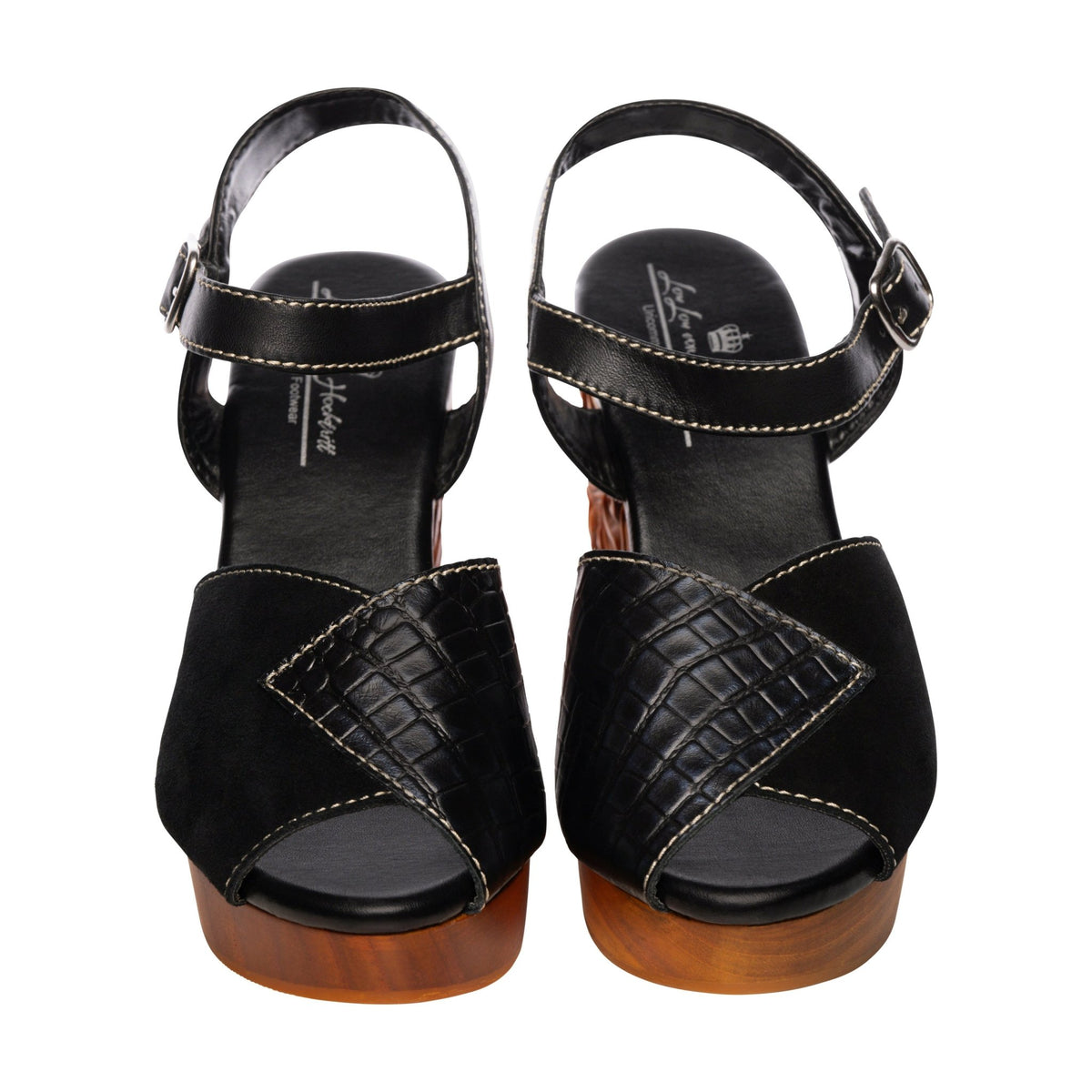 the Memento Mori - 4" hand-carved wood wedge / Black Snake and Suede - Lucky Lou Shoes