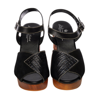 the Memento Mori - 4" hand-carved wood wedge / Black Snake and Suede - Lucky Lou Shoes