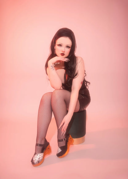 the Memento Mori with a Natural base - Black Suede and White Snake Strap - Lucky Lou Shoes