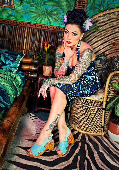 the Moku Tiki / hand-carved 3" wedge / Iris Blue - Lucky Lou Shoes