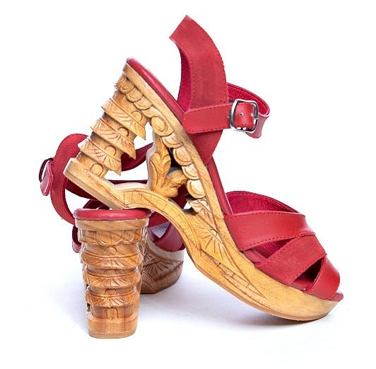 the Pagoda / 3" carved wood wedge heel / Red - Lucky Lou Shoes