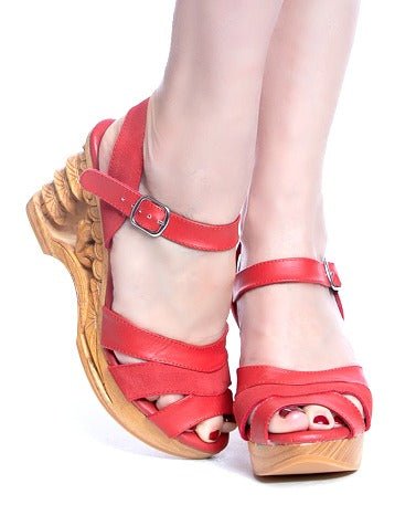 the Pagoda / 3" carved wood wedge heel / Red - Lucky Lou Shoes