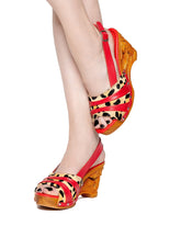 the Souvenir with a Slingback / 3" carved wood wedge heels / Red and Leopard - Lucky Lou Shoes
