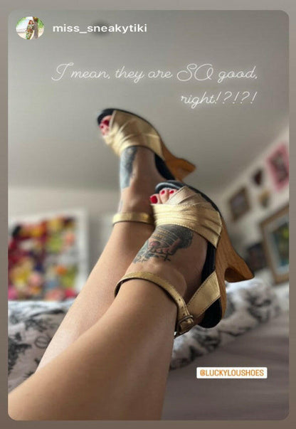 Boom Boom - 4" hand - carved wood wedge / New Vegan Gold - Lucky Lou Shoes