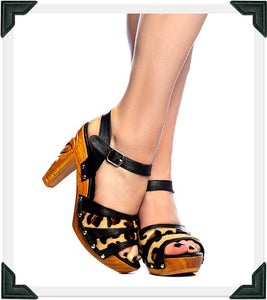 Rockin' Tiki - Black Leather and Leopard Fur/with Ankle Strap - luckyloushoes