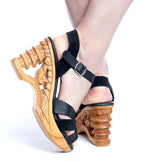 Load image into Gallery viewer, Pagoda Wedge - Black Suede and Leather Strap - luckyloushoes
