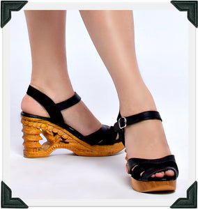 Pagoda Wedge - Black Suede and Leather Strap - luckyloushoes