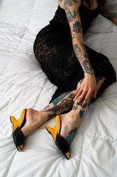 the Ilze Mule - 4" wedge heel Black Leather and Suede - Lucky Lou Shoes