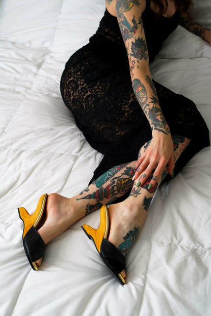 the Ilze Mule - 4" wedge heel Black Leather and Suede - Lucky Lou Shoes