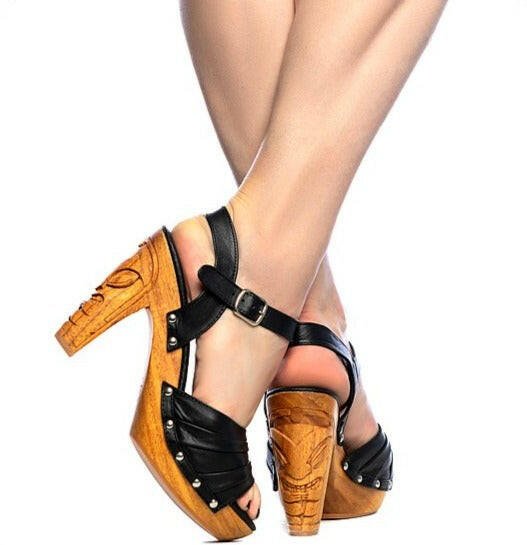 Rockin' Tiki Wood Heels | Hand-Carved Tiki Shoes | Lucky Lou Shoes